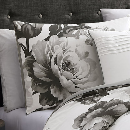 Black and White Floral Comforter Set with Reversible Backing - 7 Piece