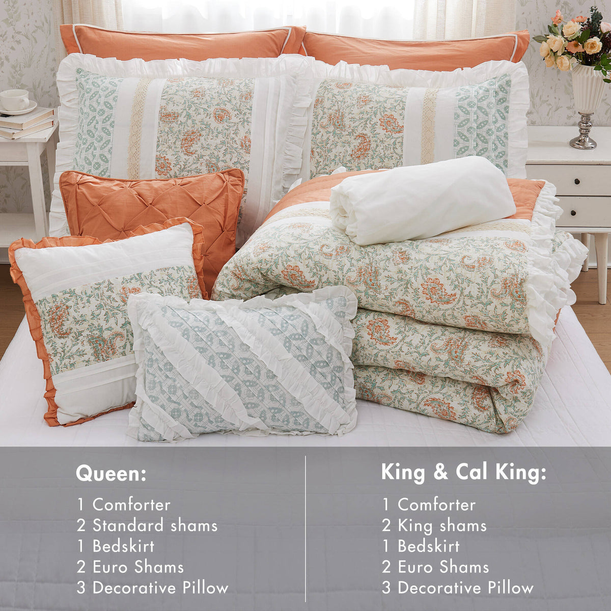 Coral Cotton Percale Comforter Set with Pintucking and Lace Taping - Queen