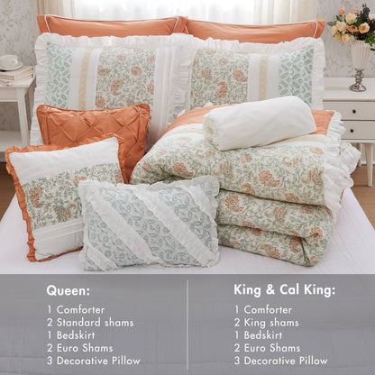 Coral Cotton Percale Comforter Set with Pintucking and Lace Taping - Queen