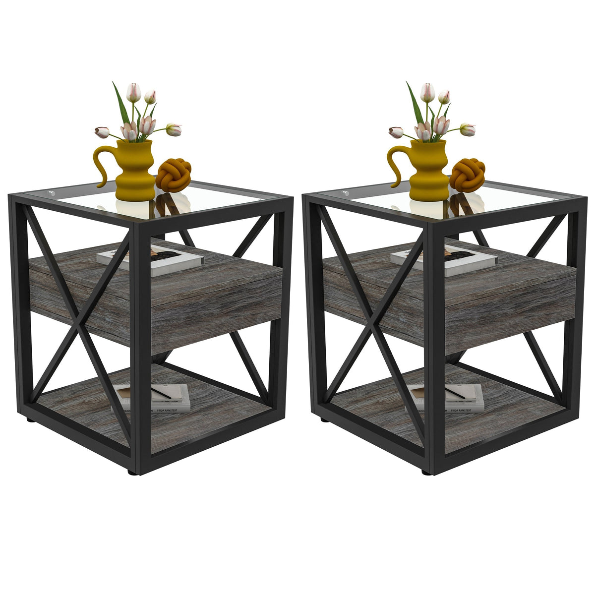 Modern End Tables with Drawer - Set of 2 Nightstands