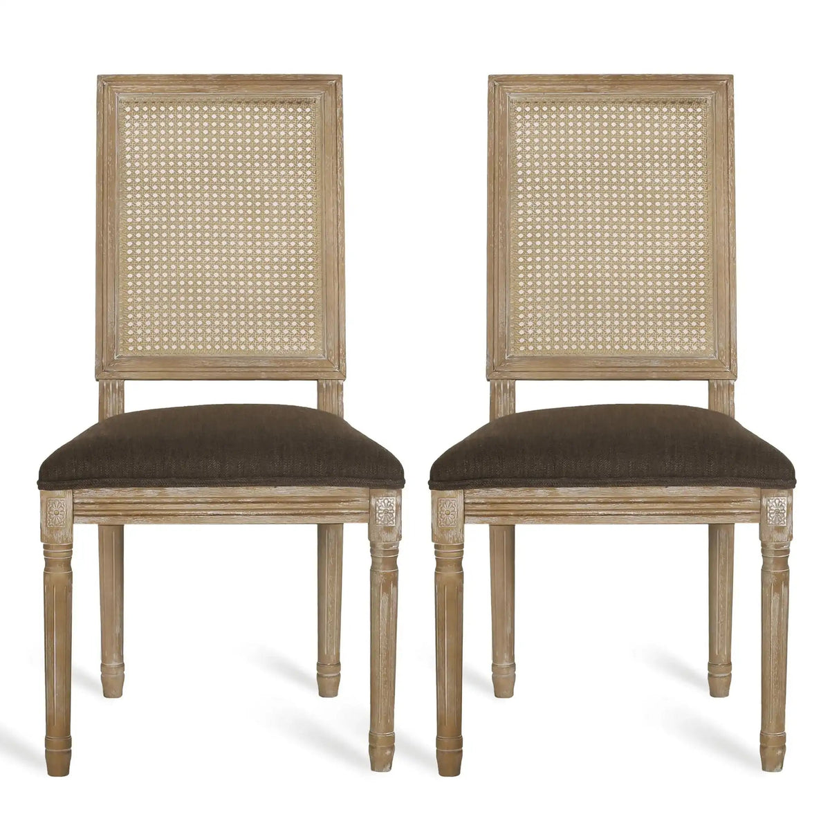 French Country Dining Chair with Rectangular Cane Backrest and Upholstered Seat