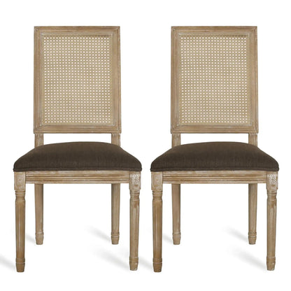 French Country Dining Chair with Rectangular Cane Backrest and Upholstered Seat