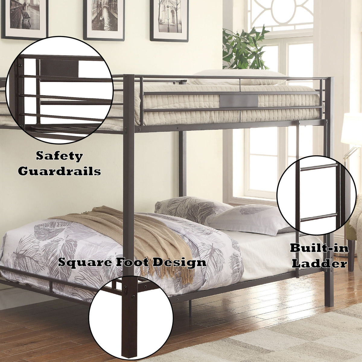 Limbra Spacious Design Double Bunk Bed with Metal Frame - Black or Dark Brown