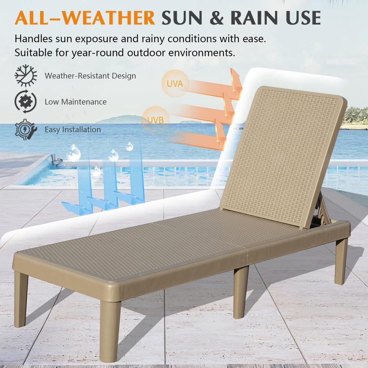 Pool Lounge Chairs Set of 2 with Adjustable Backrest - White Resin