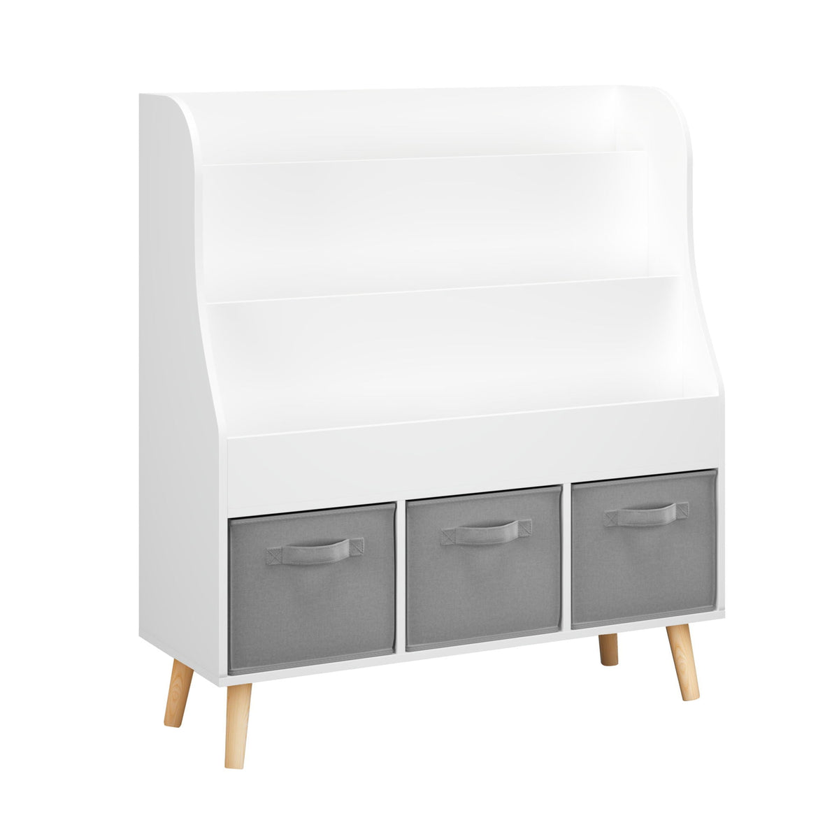 White Bookshelf with 3 Storage Bins - Front Facing Book Display Organizer