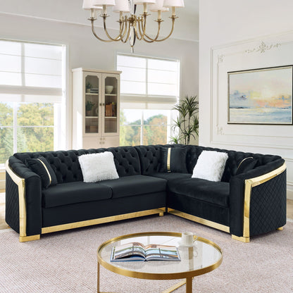 L Shaped Chesterfield Sectional Sofa with Stainless Steel Accents - Pink, Black, Beige