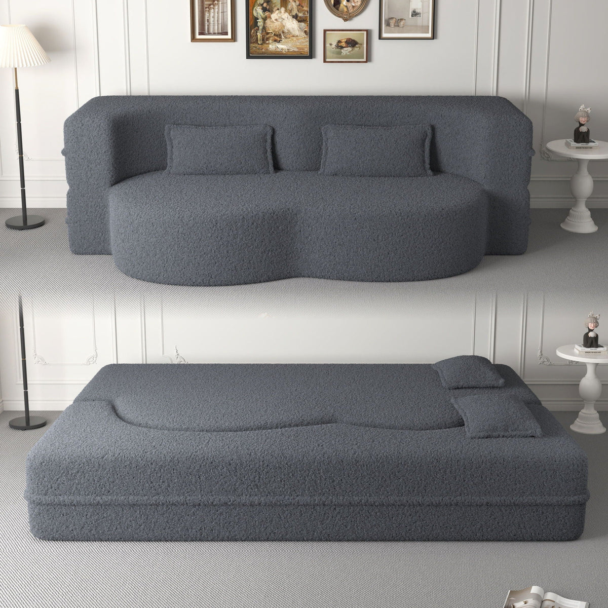 Modern Floor Futon Sofa Bed with Teddy Fabric and Two Pillows - Multiple Colors
