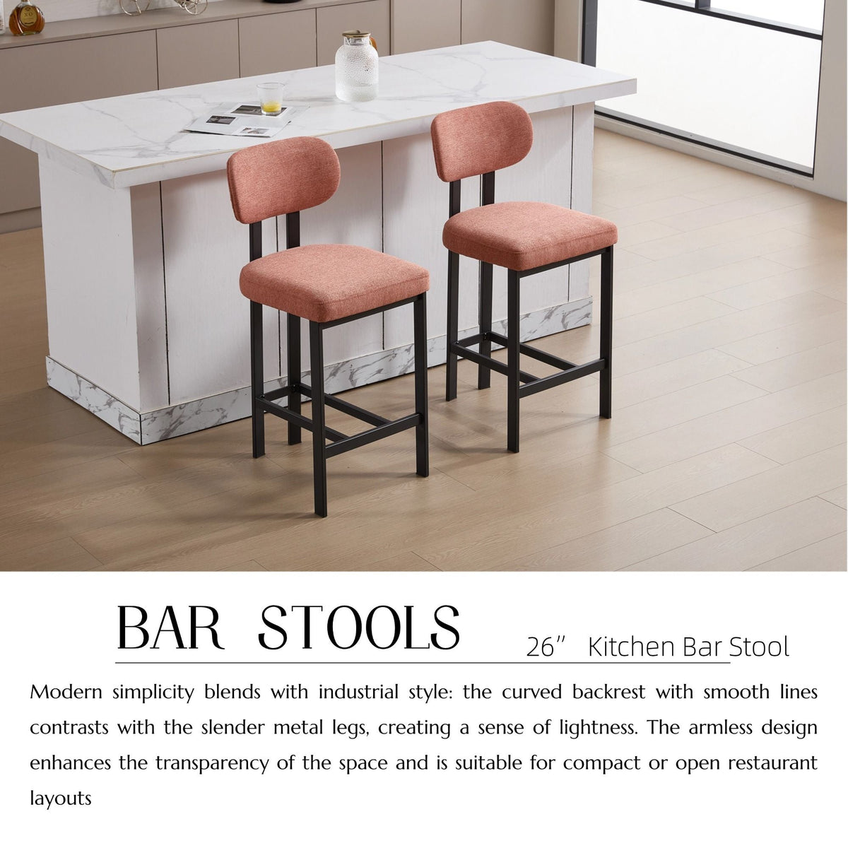 Modern Counter Height Stools Set of 2 with Reinforced Fabric Upholstery - Beige, Orange, Green