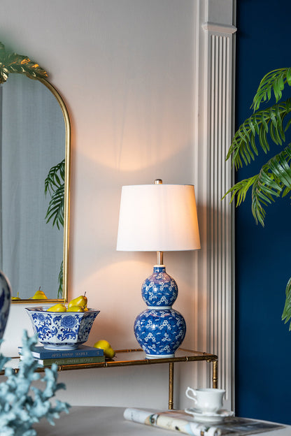 Blue and White Ceramic Vase Table Lamp with White Linen Shade - 25.7" High