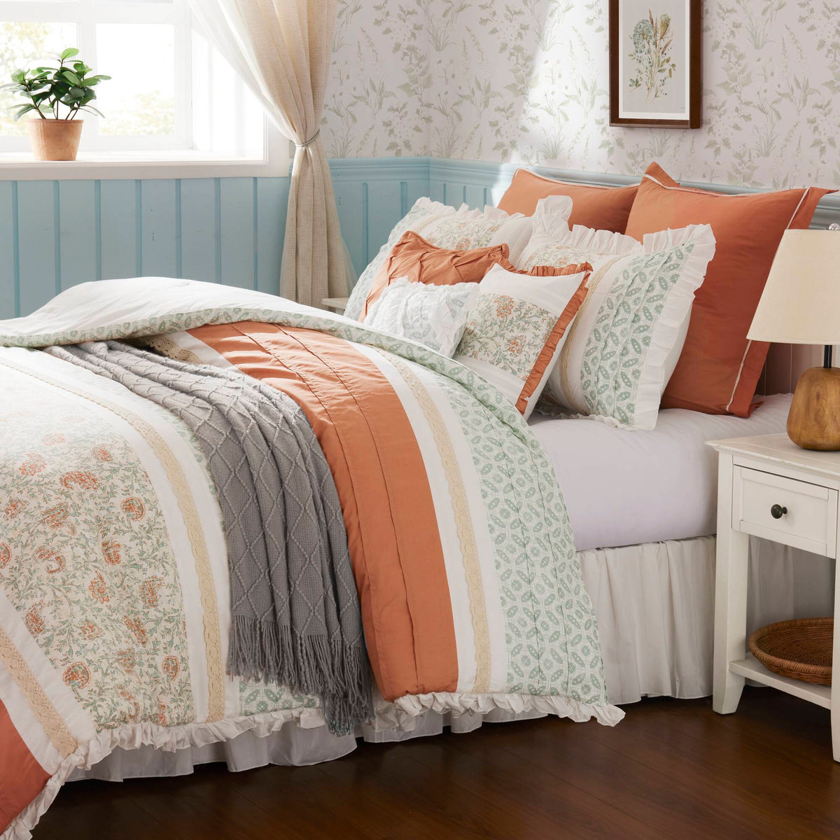 Coral Cotton Percale Comforter Set with Pintucking and Lace Taping - Queen