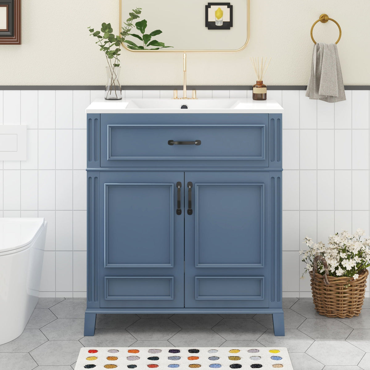 Blue Bathroom Vanity With Sink Storage Cabinet with Soft-Close Doors - Blue