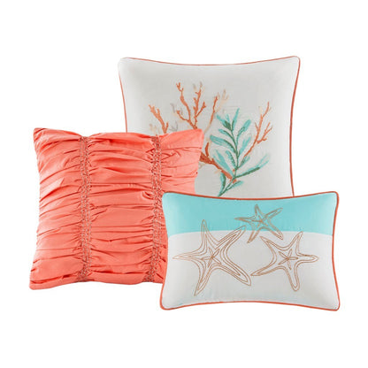 Cotton Sateen Comforter Set with Coastal Motifs - Coral