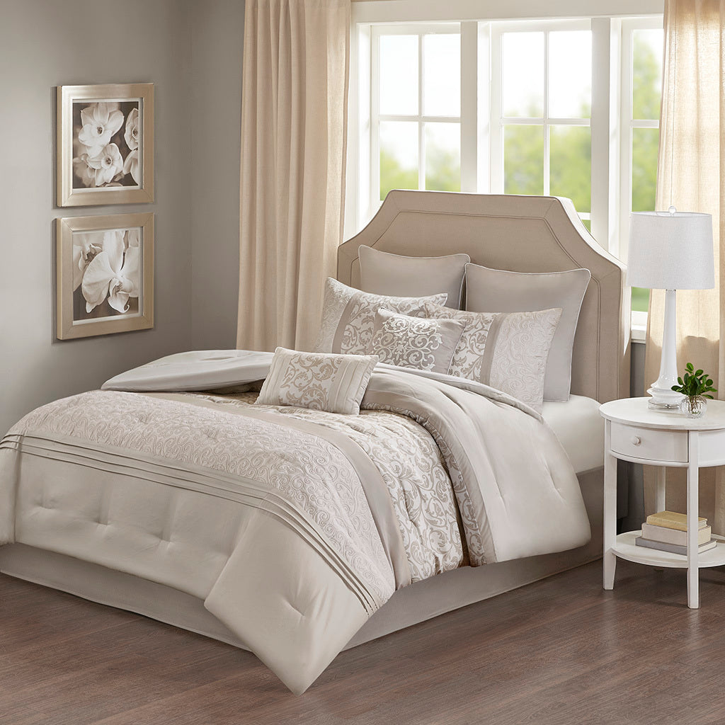 Embroidered 8 Piece Comforter Set with Hypoallergenic Fill - Neutral King