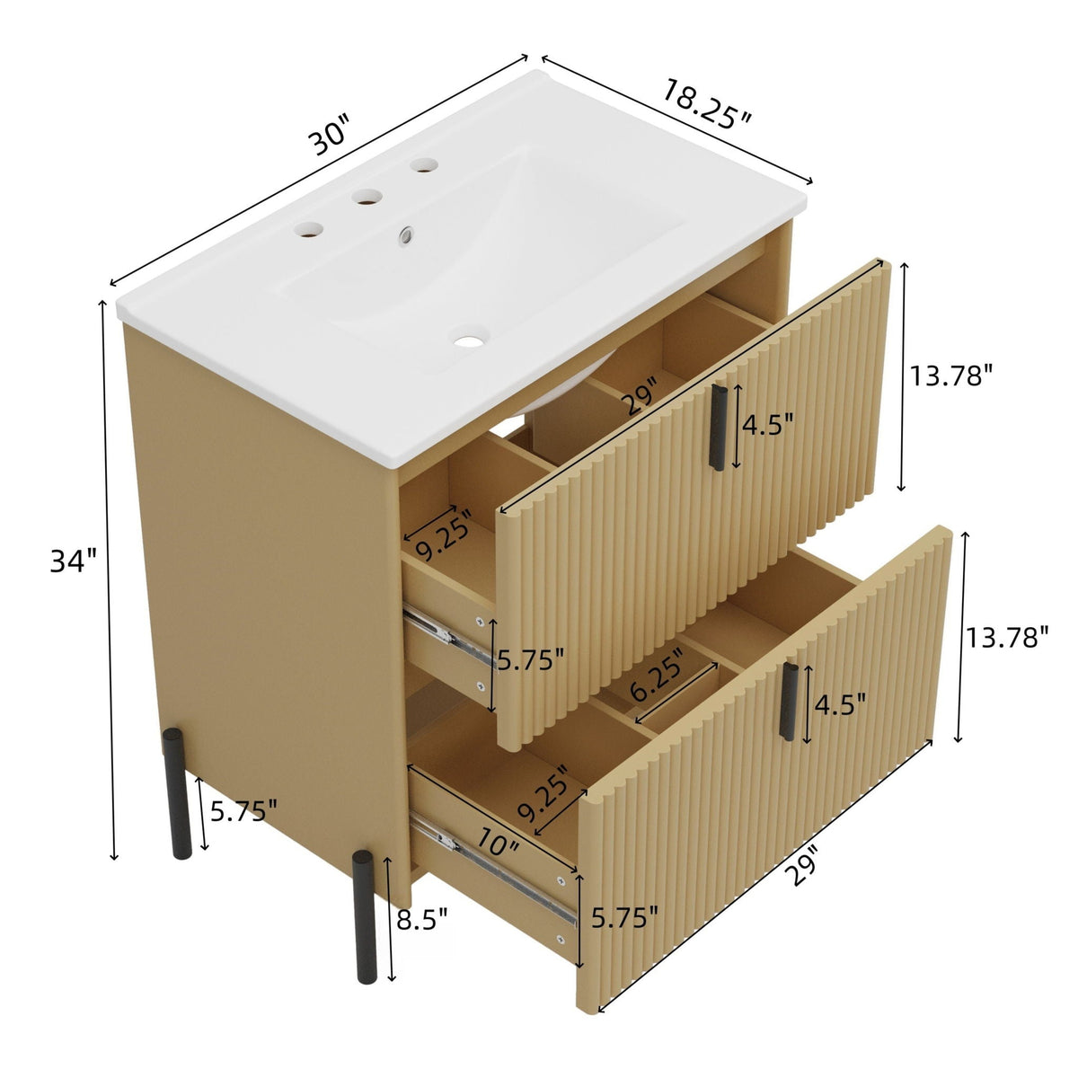 Fluted Bathroom Vanity with Ceramic Sink - Freestanding Wood Design