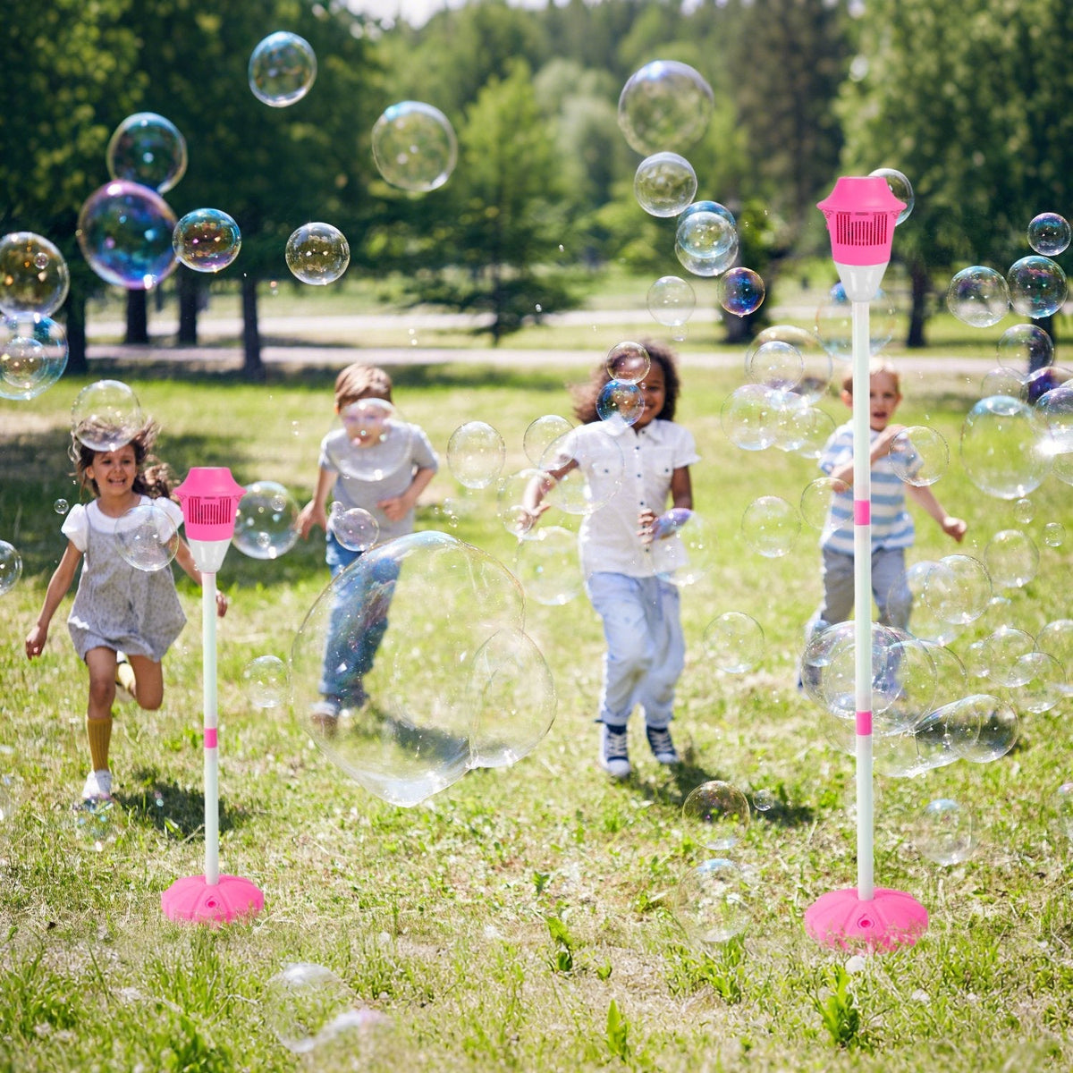 2Pack 3 In 1 Standing Bubble Machines with Colorful Lights and Music Rechargeable Bubble Maker Stands with 2 Modes 3 Adjustable Height for Party Weddi