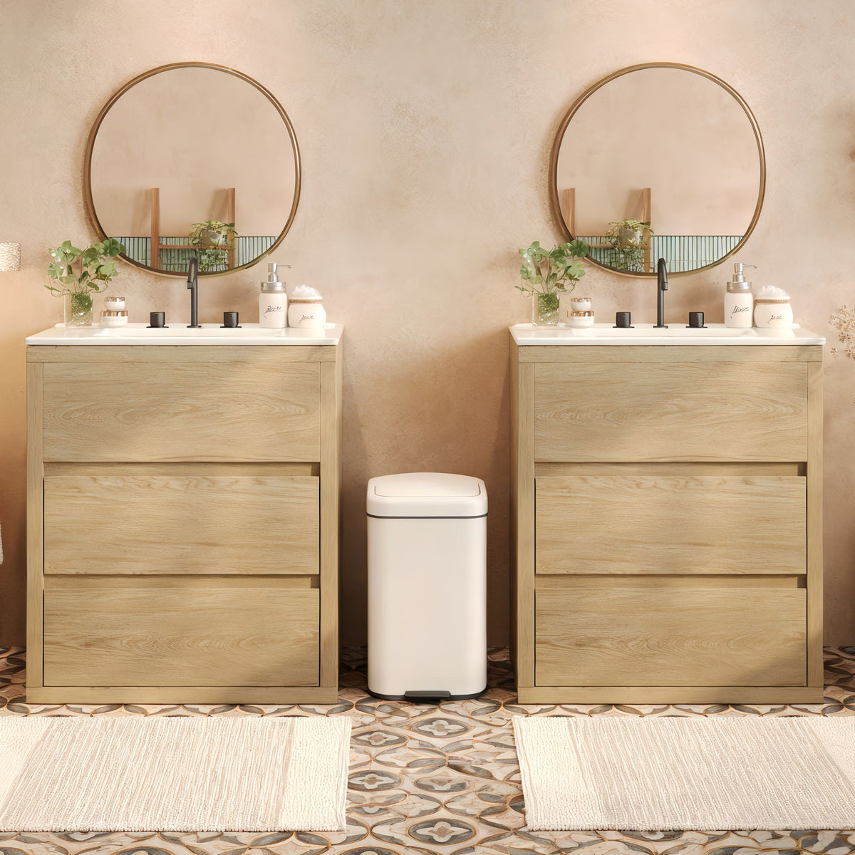 Double Sinks Bathroom Vanity Set with Ceramic Basins - Wood