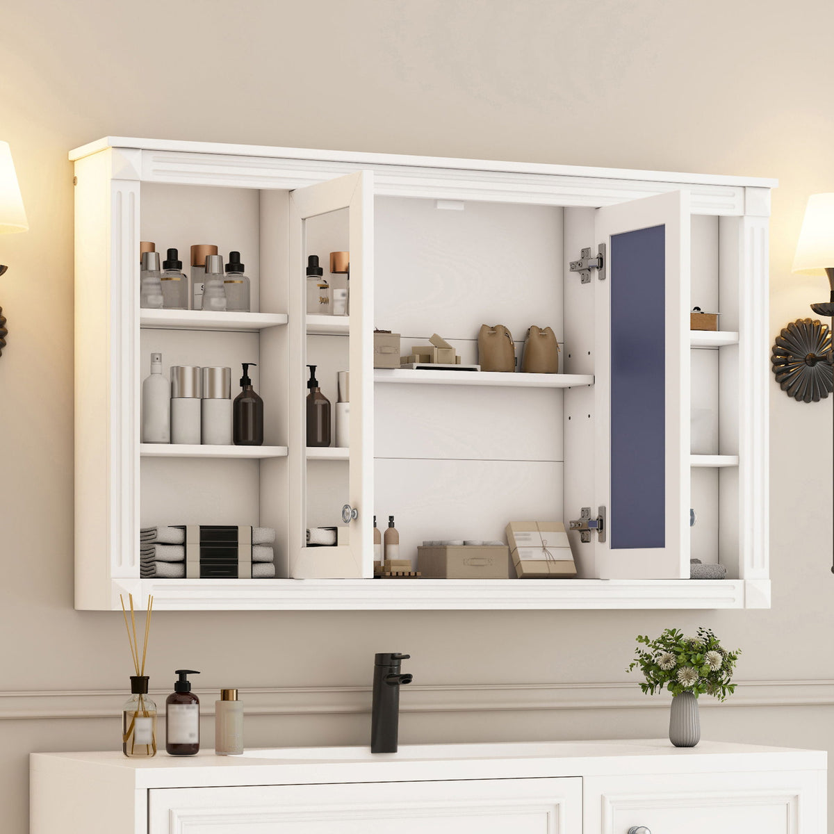 Wall-Mounted Mirror Cabinet with Adjustable Shelf and Open Shelves - White or Blue
