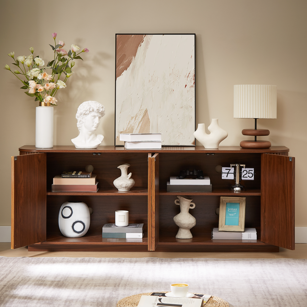 Walnut Sideboard Storage Cabinet with Wave Pattern - 64" Wide