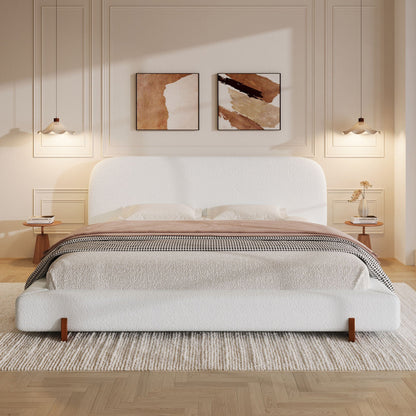 Elegant Upholstered Bed Frame with Solid Wood Legs - Pink or White
