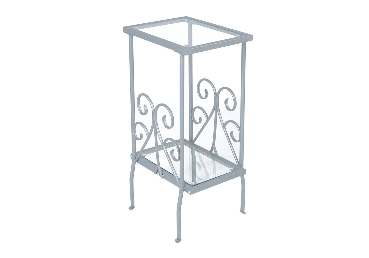 Silver Tempered Glass Accent Table with Two Shelves - Silver