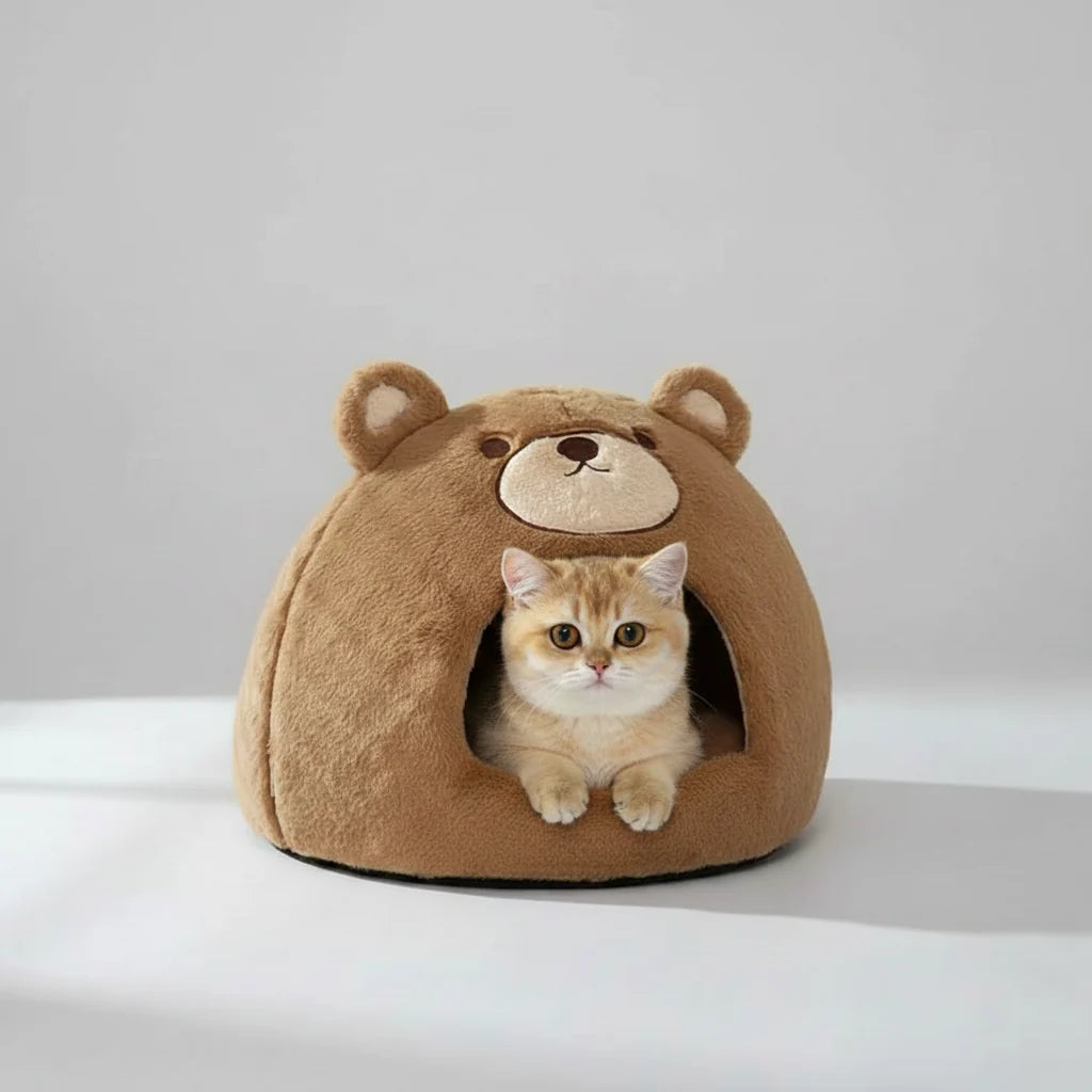 Kawaii Bear Cat Cave House – Soft Velvet & Plush Winter Warm Indoor Kitten Nest (S & M)