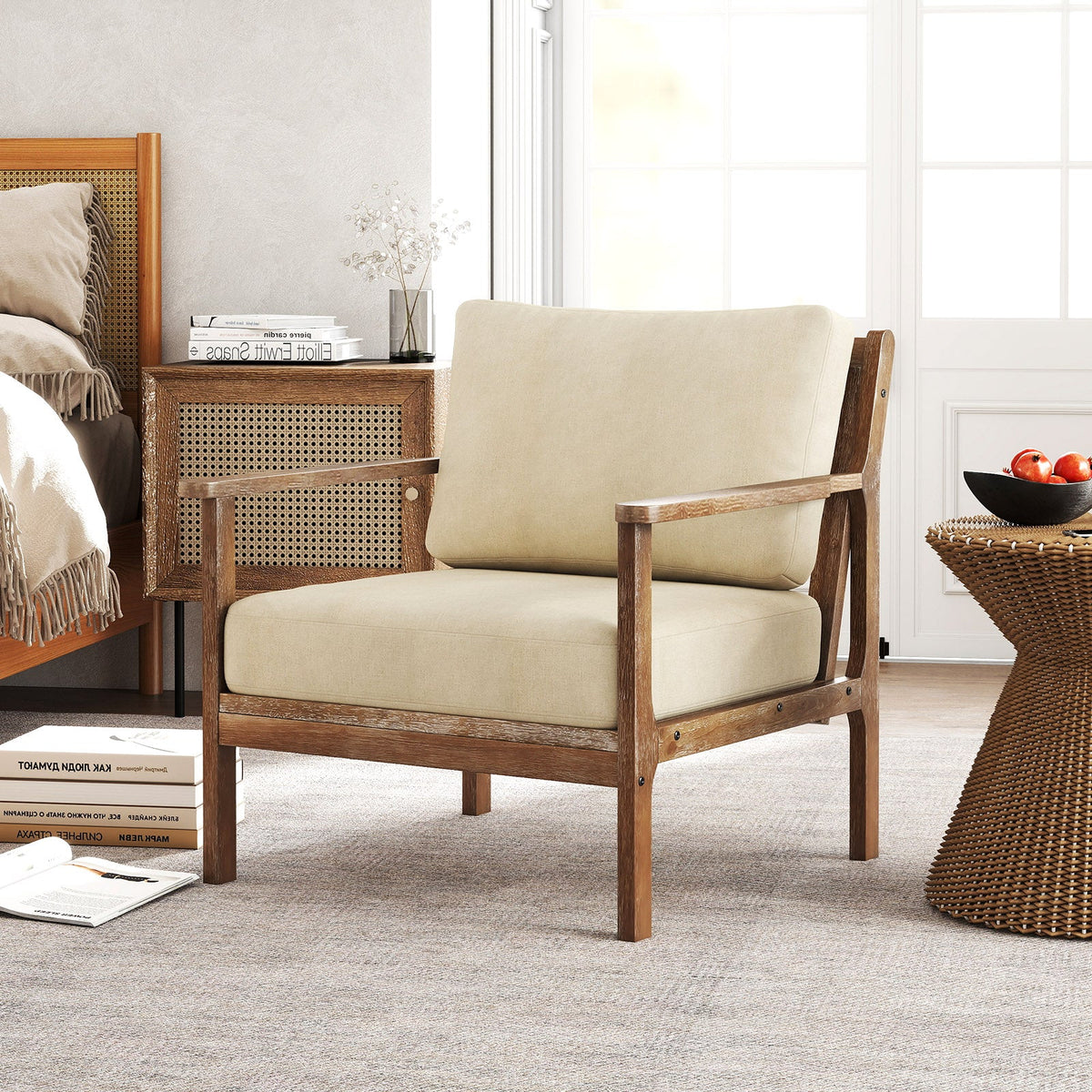 Modern Accent Chair with Solid Rubber Wood Armrests