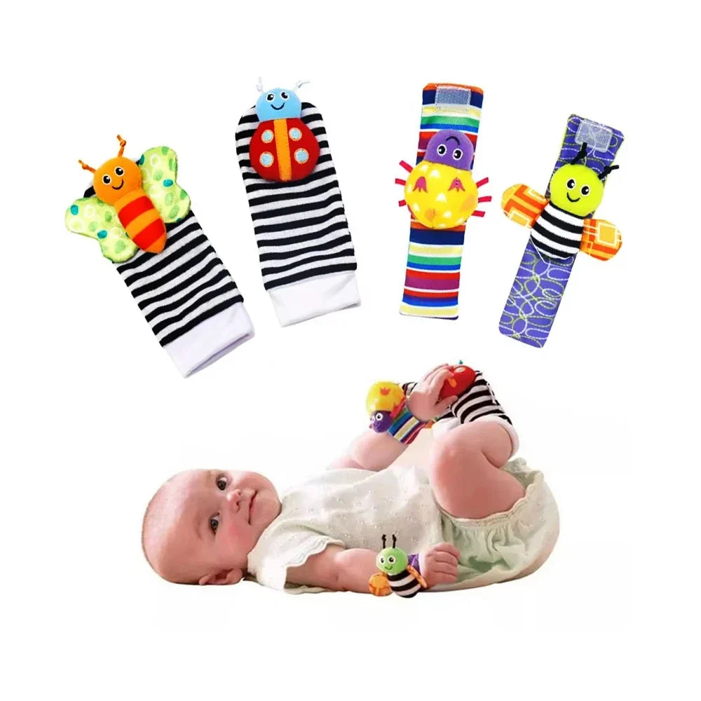 4Pcs Baby Toy 0-12 Months Baby Rattles Toys Animal Socks Wrist Strap + Rattle Baby Foot Socks Bug Wrist Strap Baby Socks New