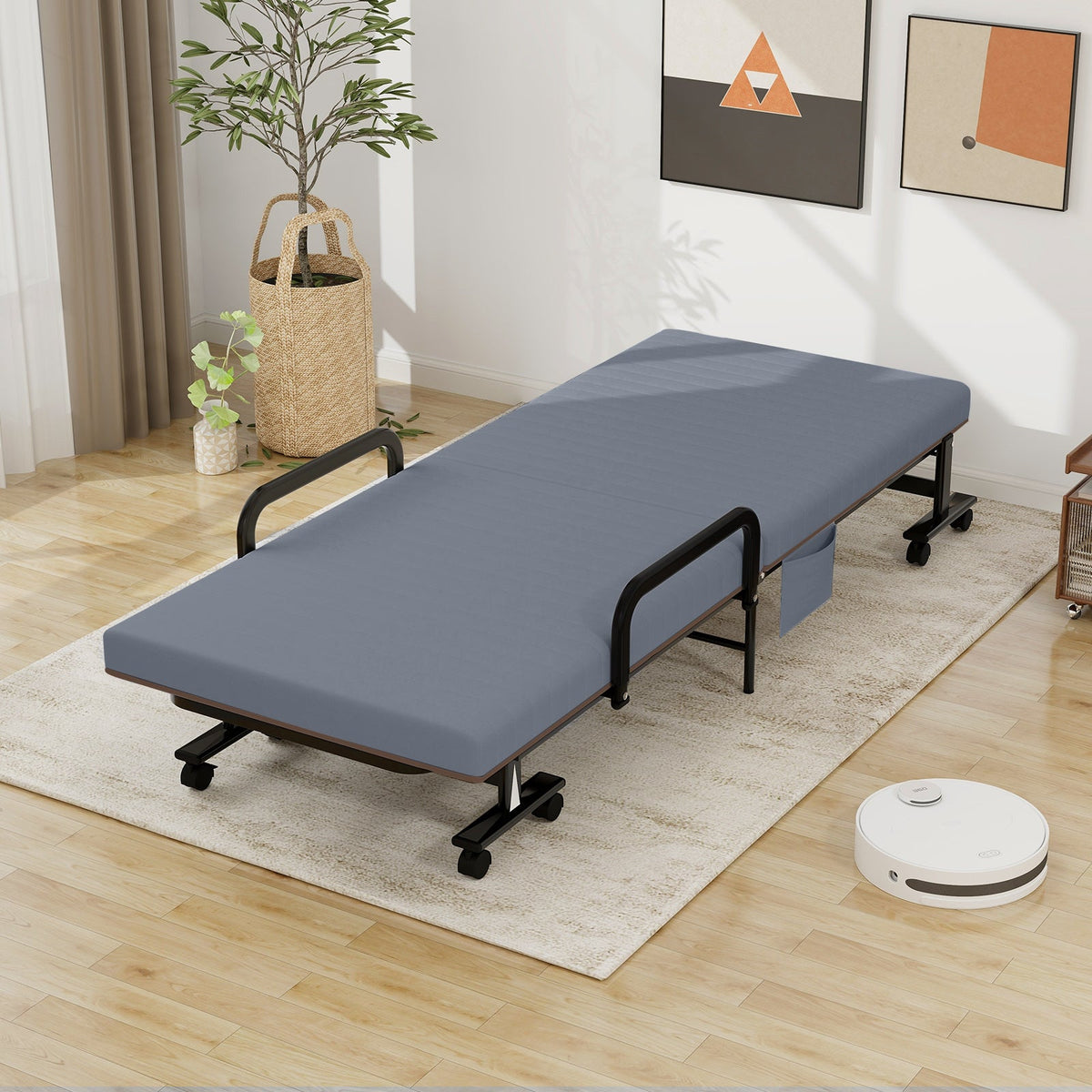 Adjustable Folding Guest Bed Frame with Mattress and Wheels