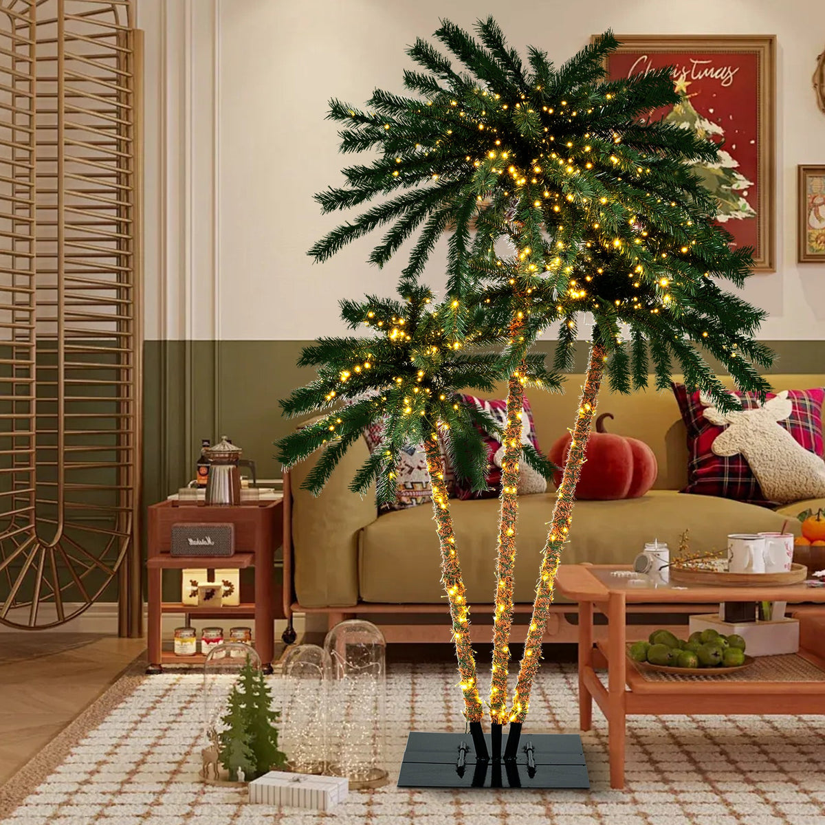 Artificial Lighted Palm Tree with Metal Base 157 Branch Tips and 930 Warm White LED Lights