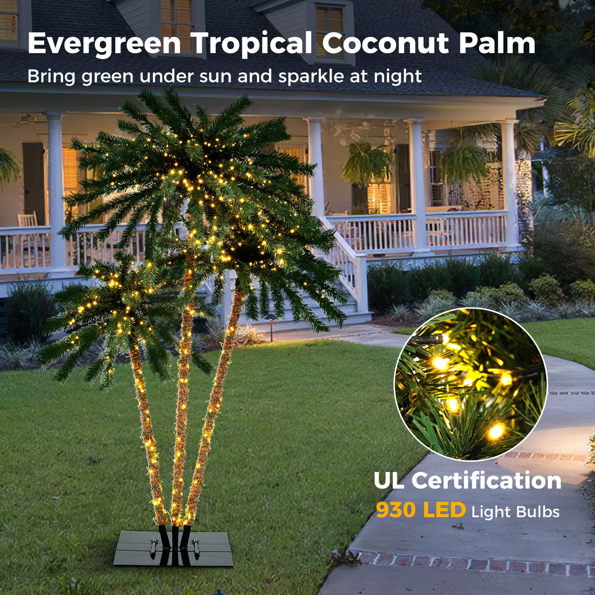 Artificial Lighted Palm Tree with Metal Base 157 Branch Tips and 930 Warm White LED Lights