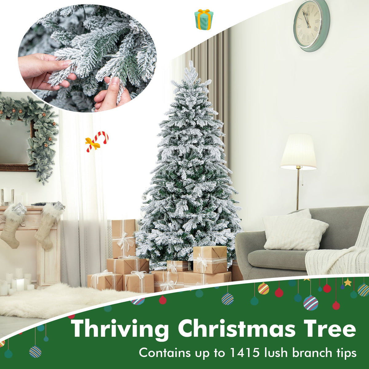 4.5/6/7 Feet Flocked Christmas Tree with Warm White LED Lights