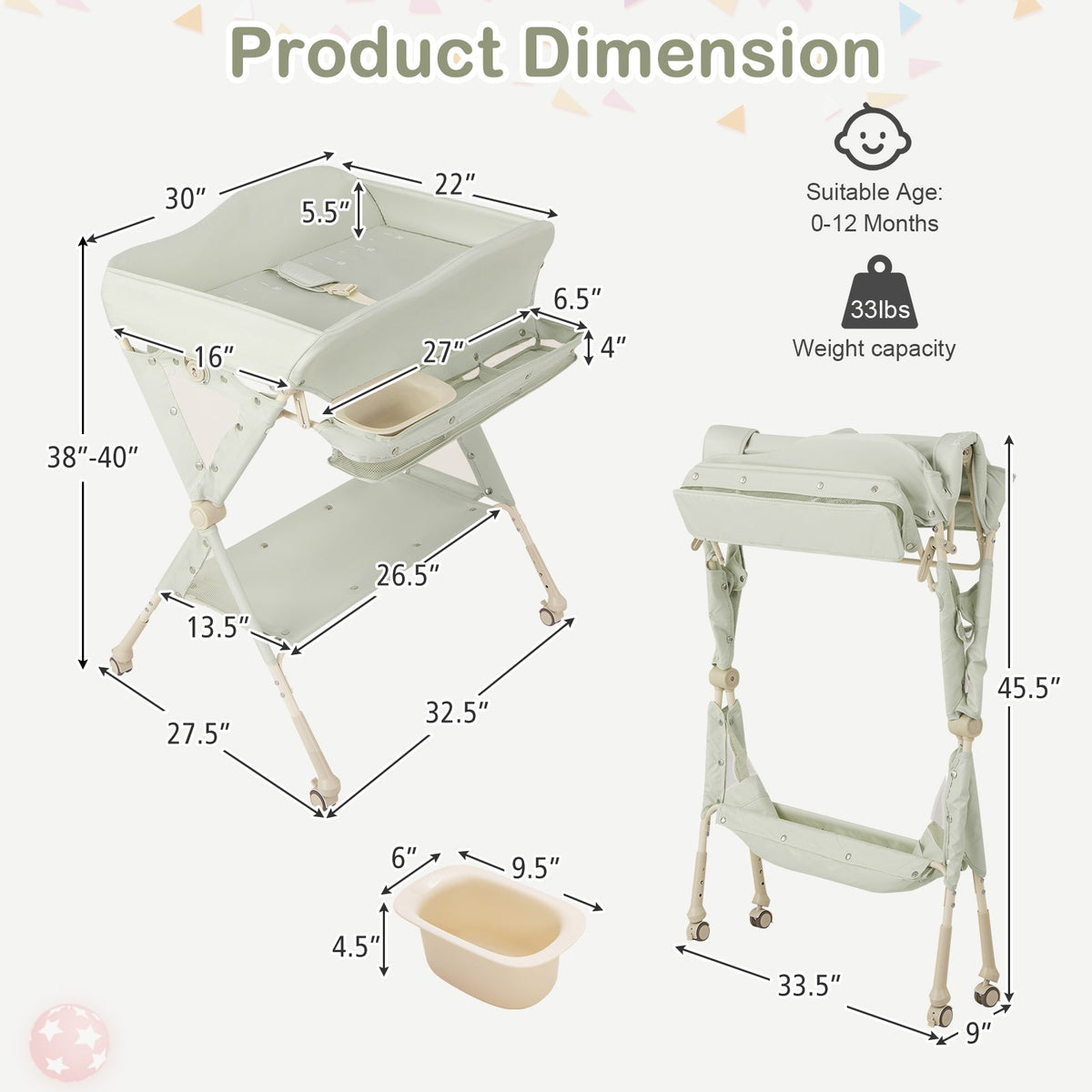 Baby Diaper Changing Table with Water Basin Wheel-Green