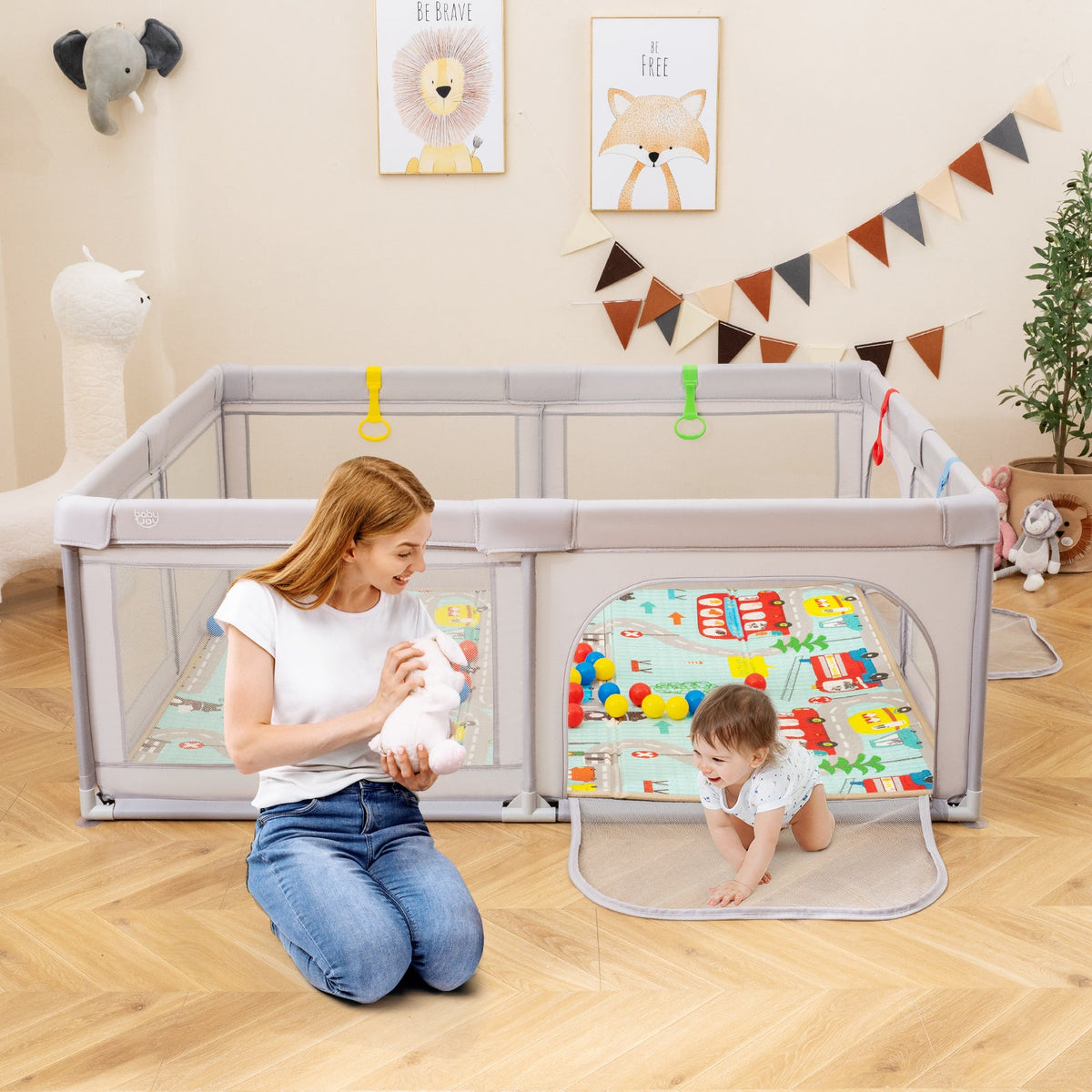 Baby Playpen with Mat and Breathable Mesh-Gray