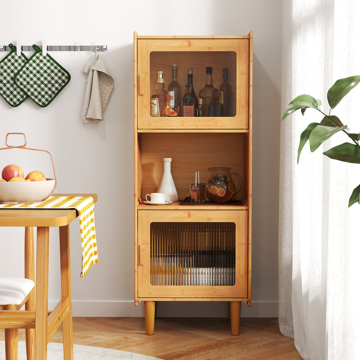 3-Cube Bamboo Storage Cabinet with Open Compartment and 2 Acrylic Doors-Natural