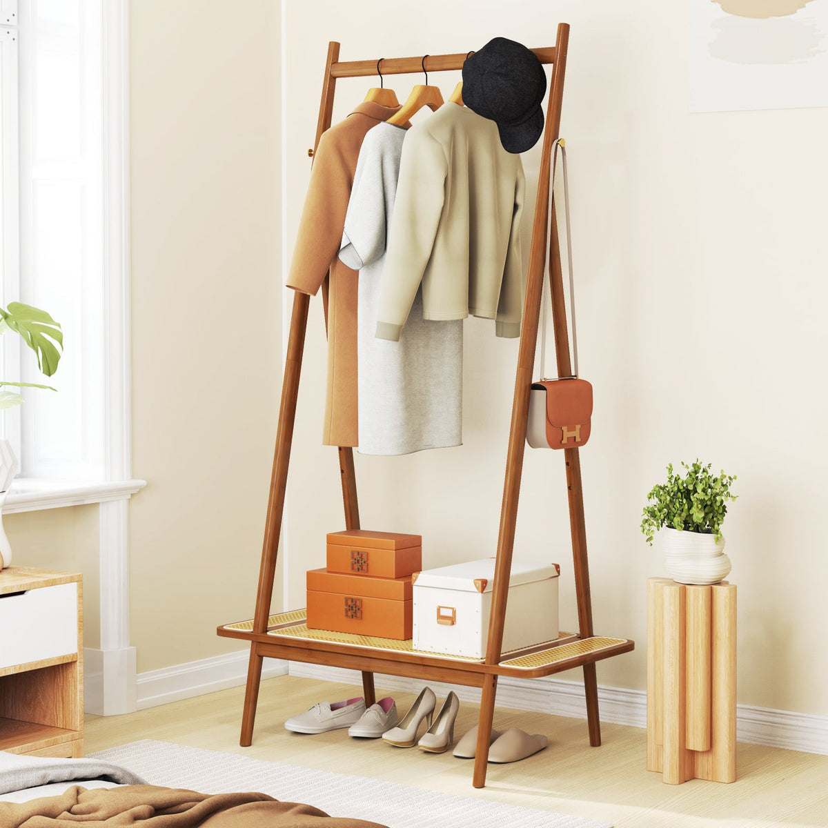 Bamboo Clothes Rack with Hanging Rod Rattan Shelf and Copper Hooks
