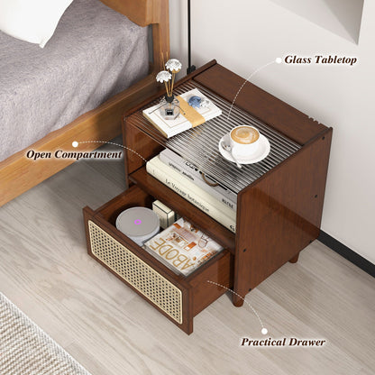 Bamboo Rattan Nightstand with Drawer and Solid Wood Legs