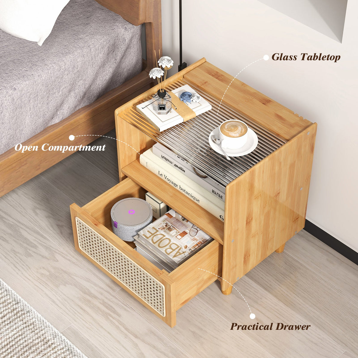 Bamboo Rattan Nightstand with Drawer and Solid Wood Legs