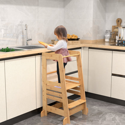 Bamboo Kids Kitchen Step Stool with Adjustable Height and Safety Rails-Natural
