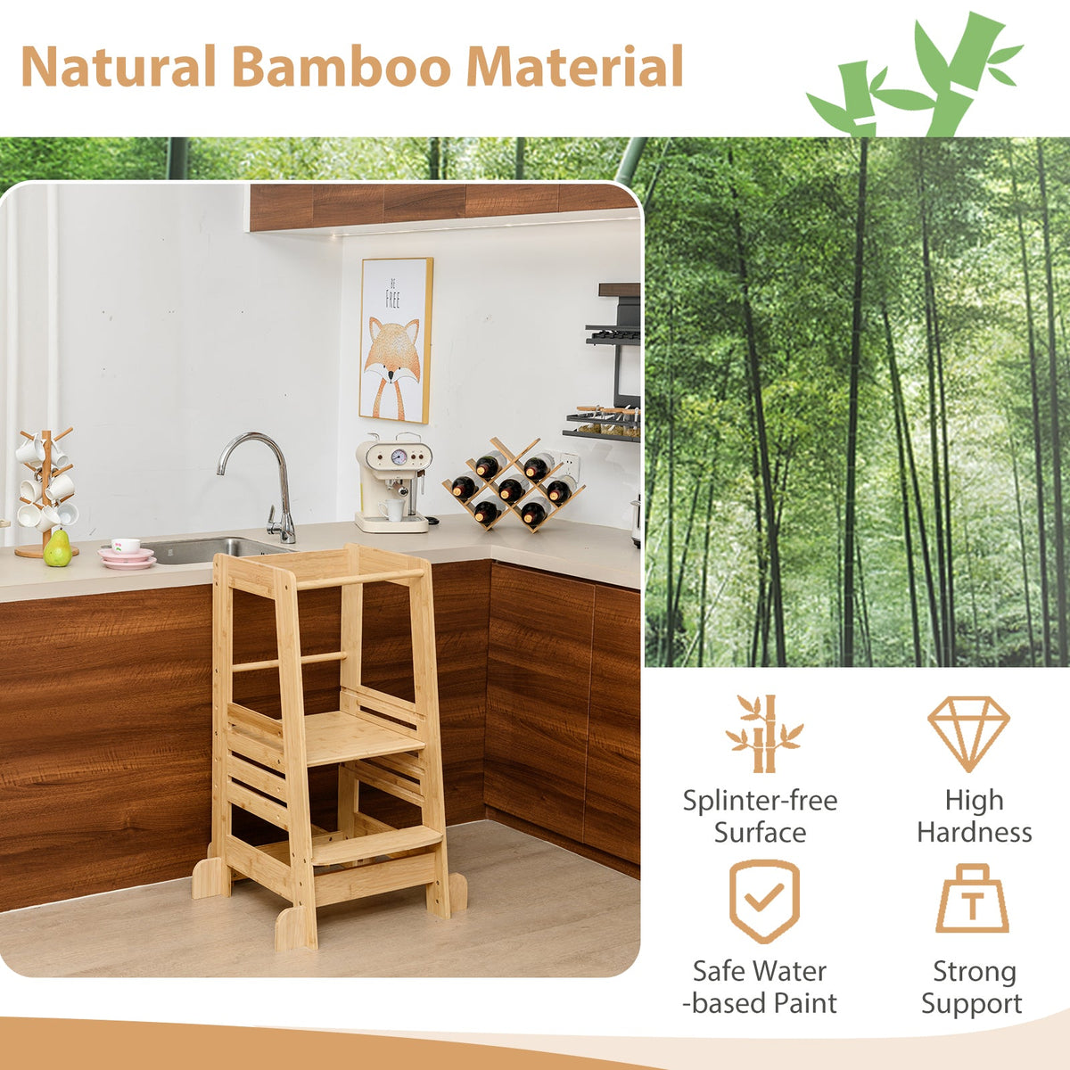 Bamboo Kids Kitchen Step Stool with Adjustable Height and Safety Rails-Natural