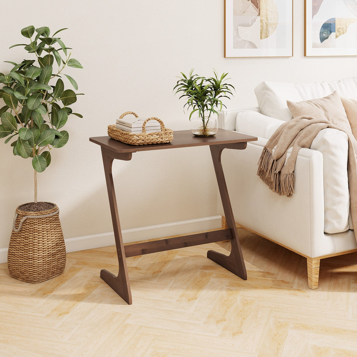 Bamboo Z-Shaped Spacious Sofa Side Table with Space-Saving Tabletop