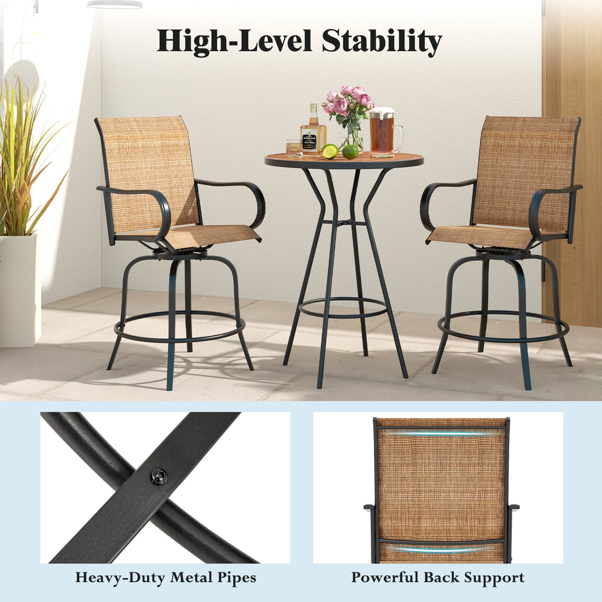 2 Pieces 360 Rotating Bar Stool Set with Armrests for Patio