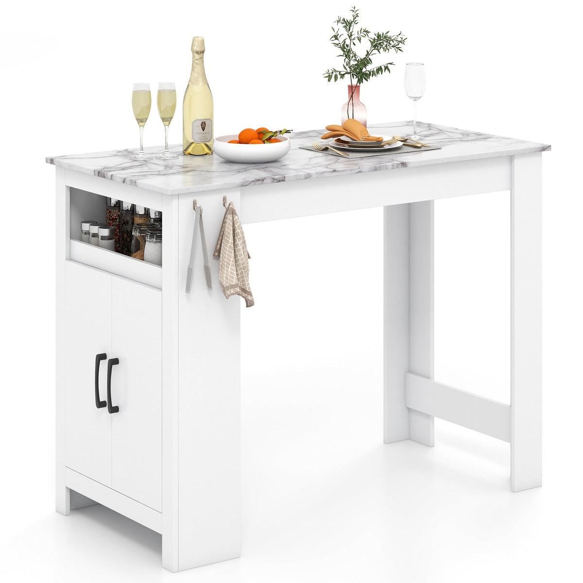 Bar Table Faux Marble Pub Table with 7 Hanging Hooks Compartment-White
