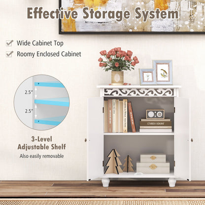 Freestanding Bathroom Cabinet Floor Storage Organizer with Adjustable Shelf and Solid Wood Legs-White