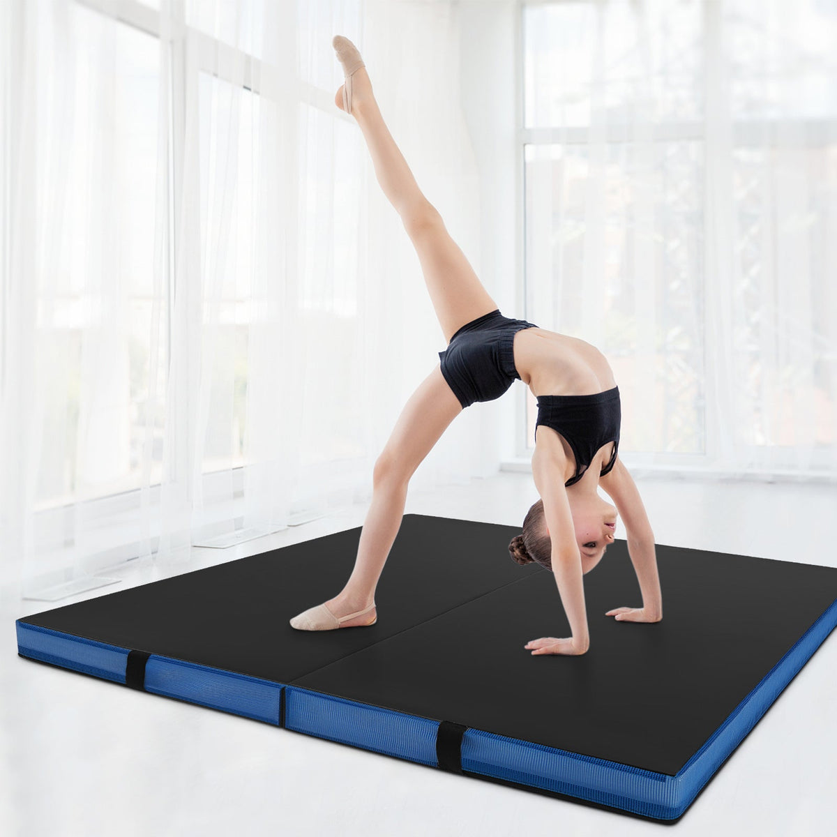 Bi-Fold Gymnastics Mat Thick Folding Exercise Mat with Carrying Handles-Black