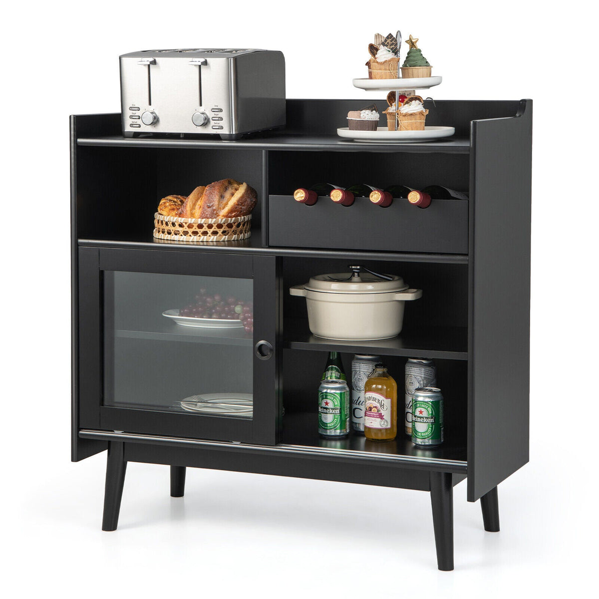 Kitchen Buffet Sideboard with Wine Rack and Sliding Door-Black