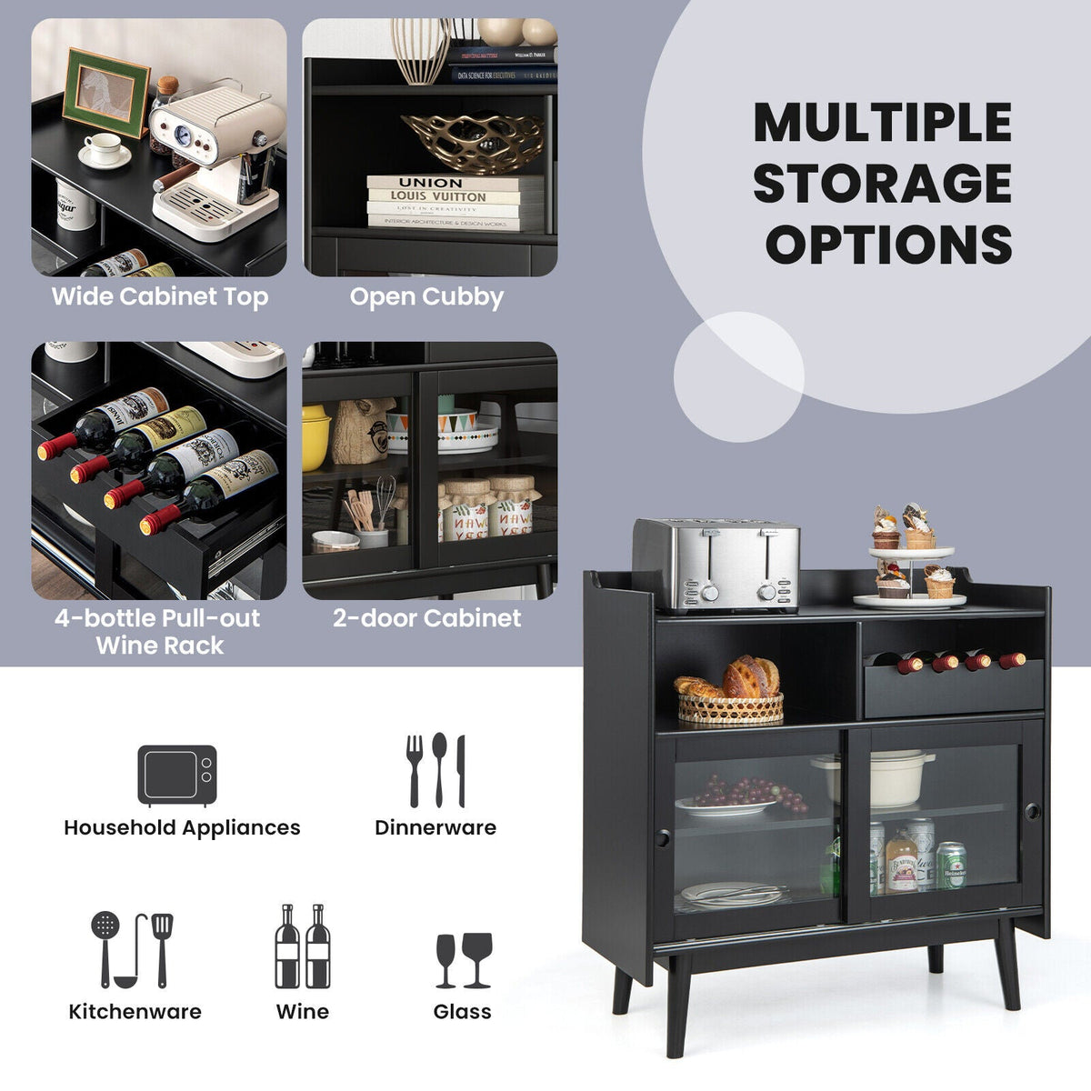 Kitchen Buffet Sideboard with Wine Rack and Sliding Door-Black
