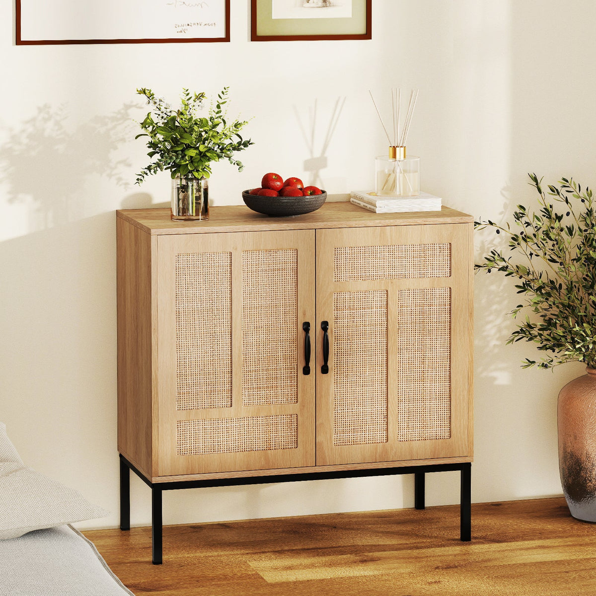Boho Storage Cabinet with Asymmetrical Pattern Doors for Kitchen-Natural