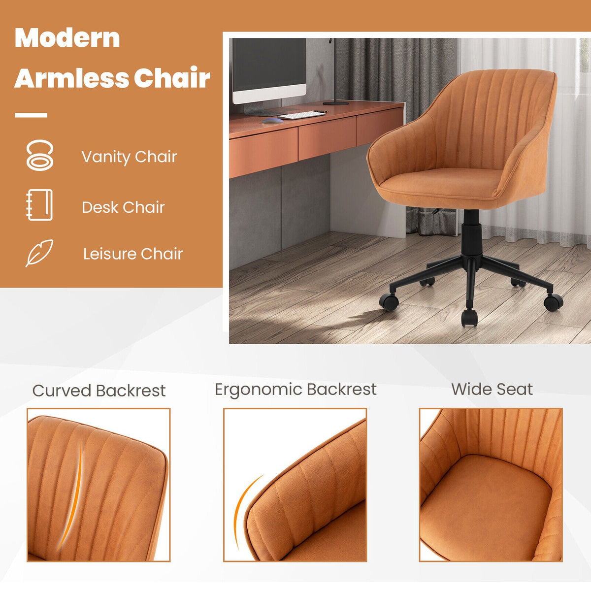 Modern Home Office Chair with Curved Backrest and Comfortable Armrests-Brown