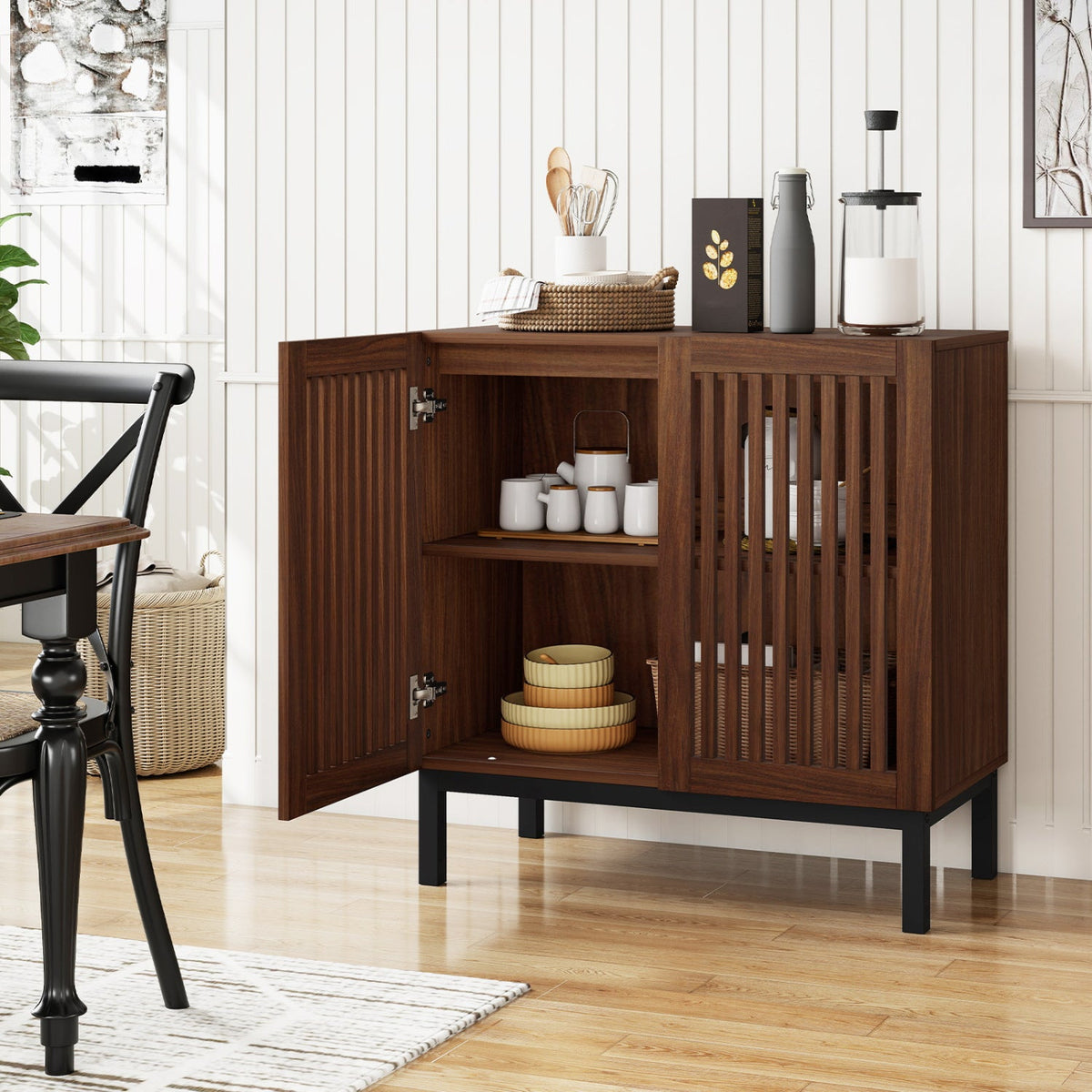 Buffet Cabinet with Storage 32" Wooden Sideboard Coffee Bar Station-Walnut