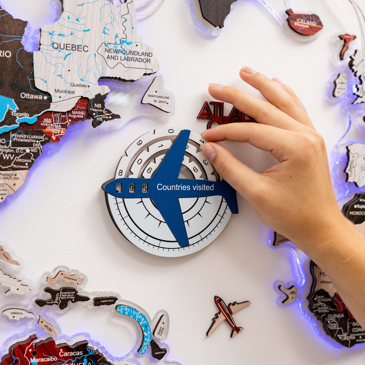 Travel Tracker 3D Colored Wooden World Map – Aqua